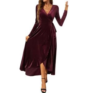 NEW SUPREME FASHION v neck velvet maxi dress in wine